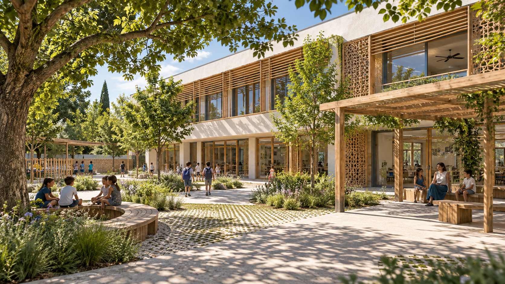 Cour d'école ombragée et façade équipée de brise-soleil en bois