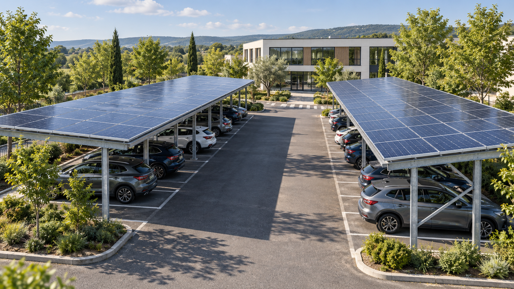 Ombrières photovoltaïques sur le parking extérieur d'un bâtiment tertiaire